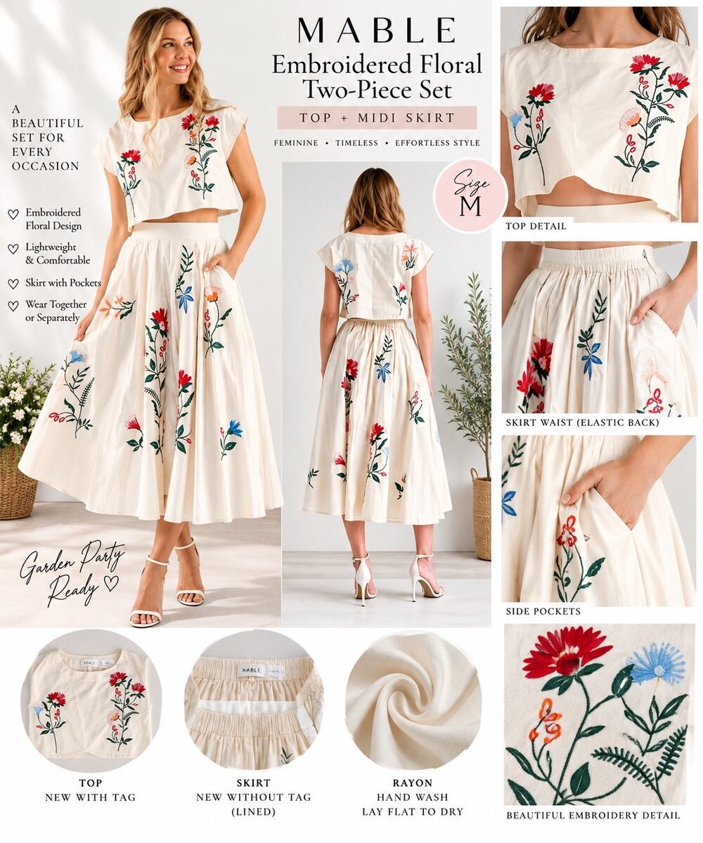 MABLE Floral Embroidered Two Piece Skirt Set Boho Garden Crop Top Midi M NWT